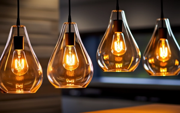 Luminaires suspendus modernes à ampoules LED à filament, diffusant une lumière chaude dans un intérieur rénové, symbole d’efficacité énergétique et de design durable.