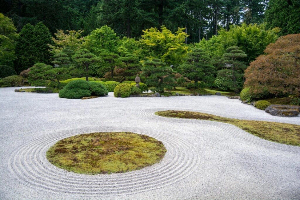 Jardin zen : jardin arboré et allée en gravier fin