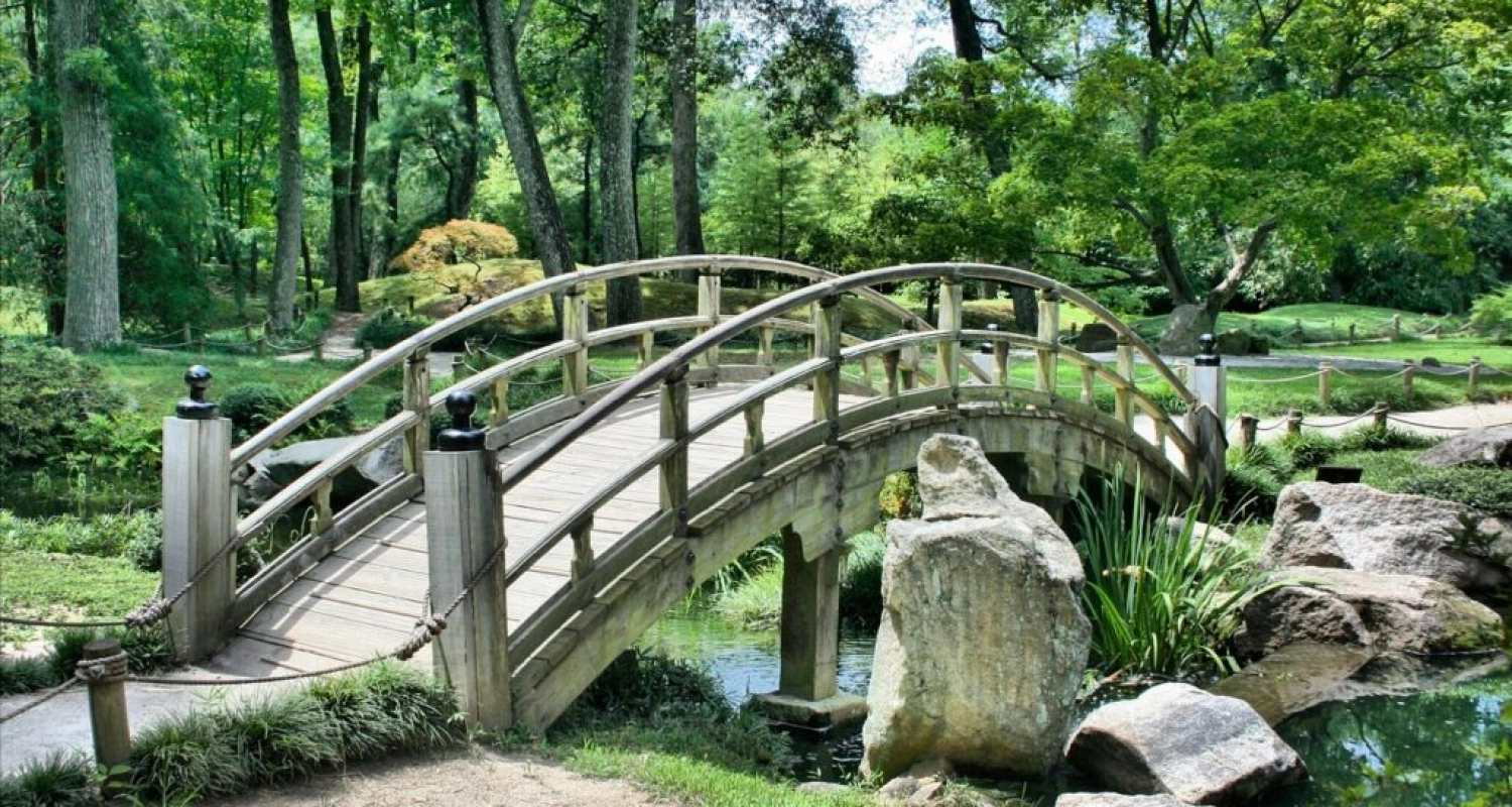 Pont en bois en arche au-dessus d’un ruisseau
