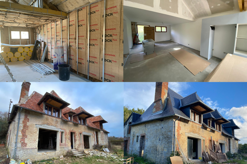 Photos d'une rénovation complète réussie. Avant après de l'isolation de murs et de pose de plaques de plâtres, et photo avant après de la couverture de la maison, remplacement totale en ardoise